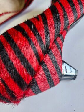 Vibrant Red + Black Zebra Stripe Mohair Fur Vintage 2" Kitten Heels